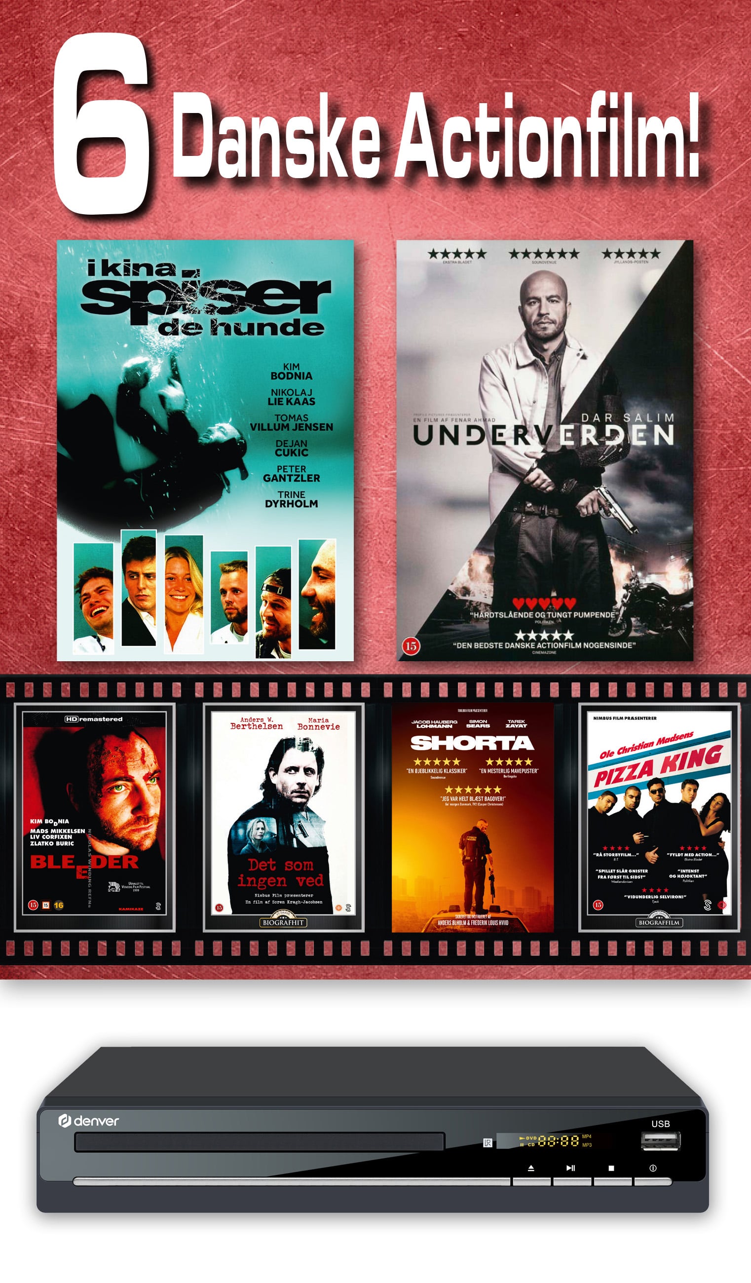 6 Danske Action Brag & Denver DVD maskine - (DVD)