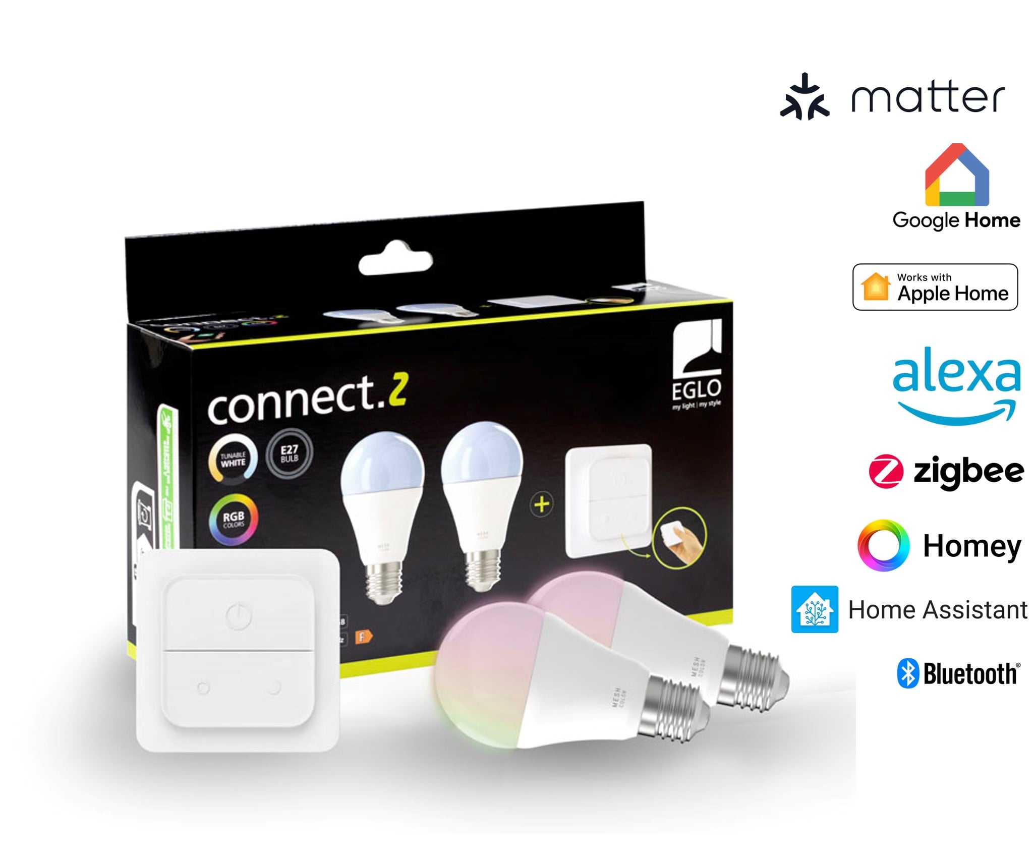 EGLO CONNECT-Z E27 LED A60 Leuchtmittel 2er-Pack – RGB + Einstellbares Weiß, Zigbee, Matter & Thread Kompatibel