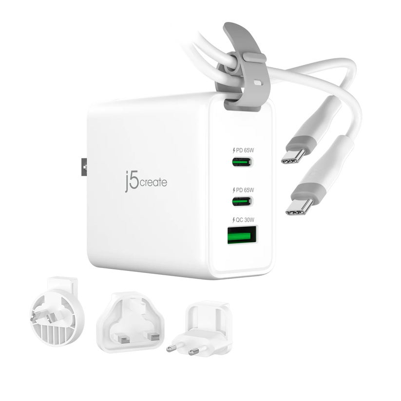 J5create - 65W GaN USB-C 3-Port Travel Charger w/ Interchangeable Plugs