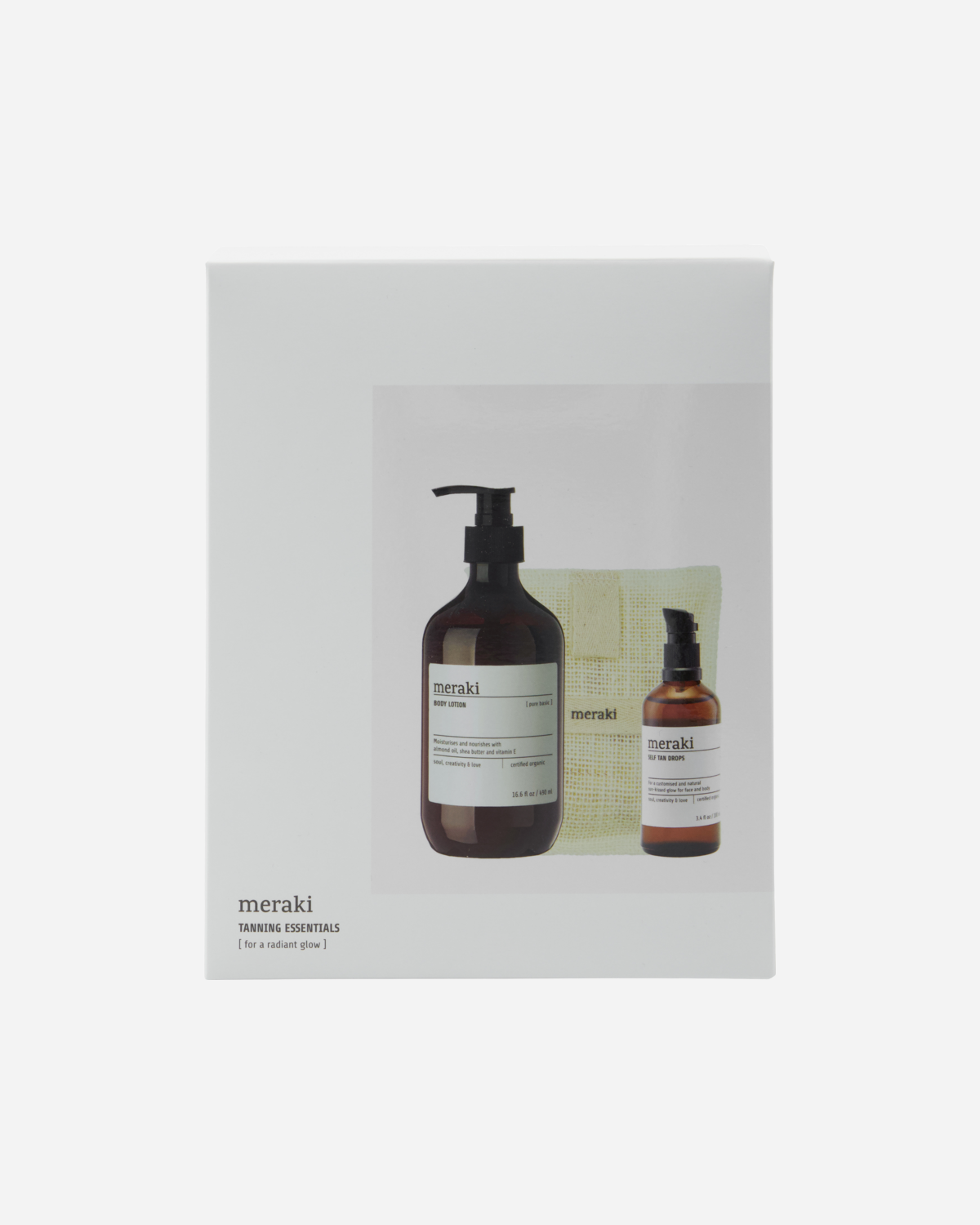 Meraki - Geschenkbox mit Selbstbräunungstropfen, Bademitt, Körperlotion - Weiß - 140g, 100ml, 490ml