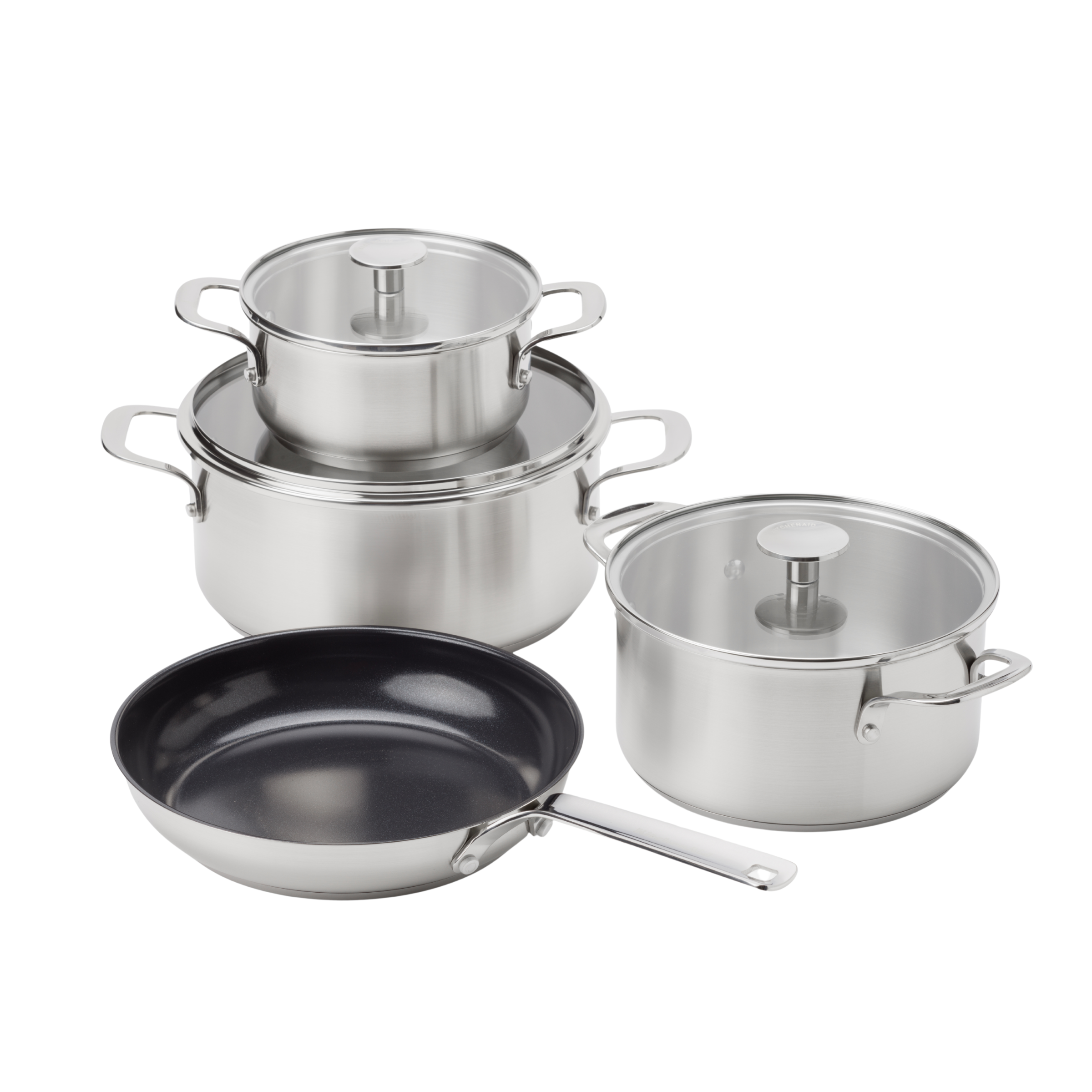 KitchenAid - Stainless Steel Cookware Set: Casserole with Lid (16cm, 20cm, 24cm) + Frypan (24cm) - Silver