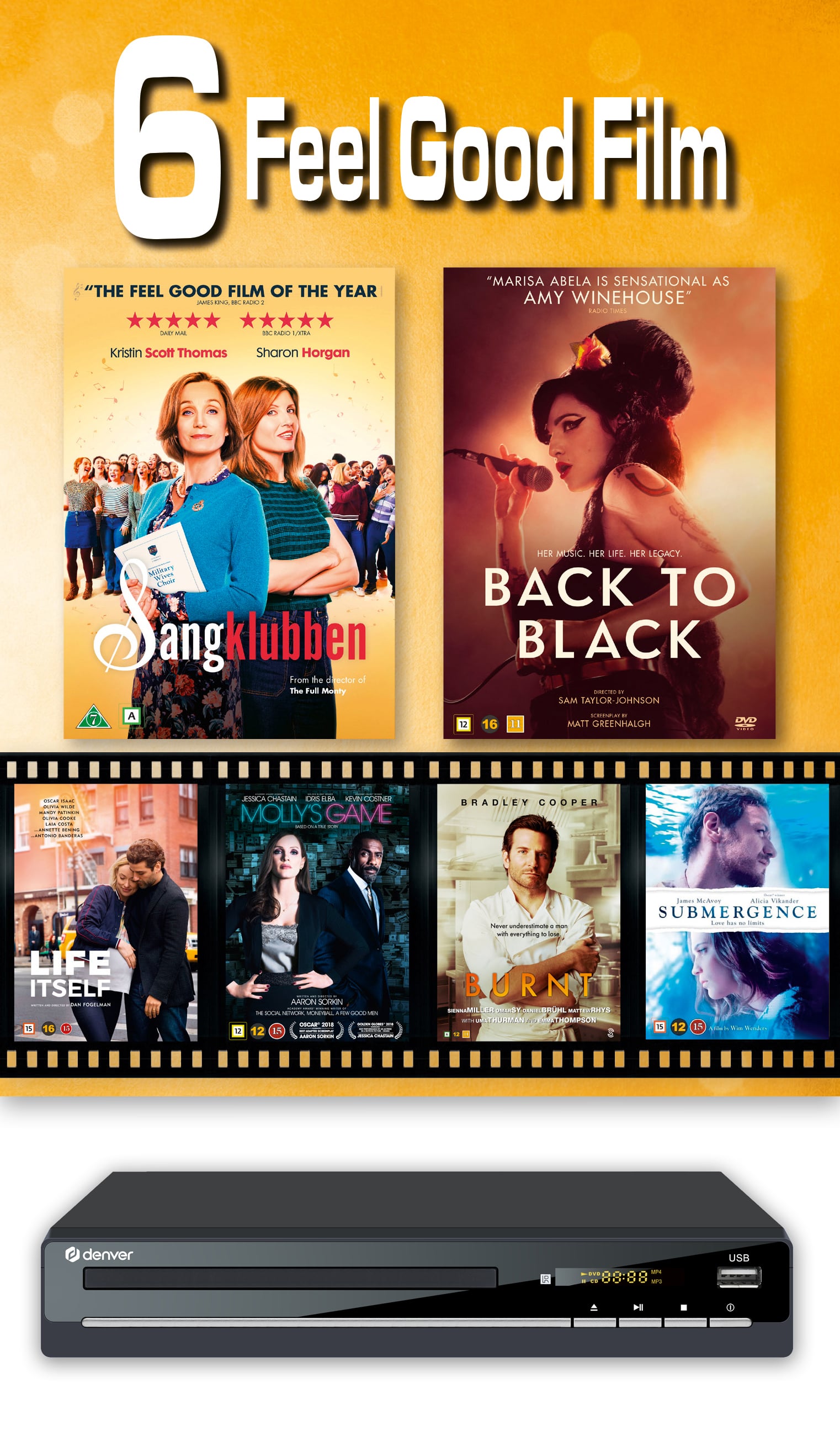 6 Feel Good Movies  & Denver DVD player - (DVD)