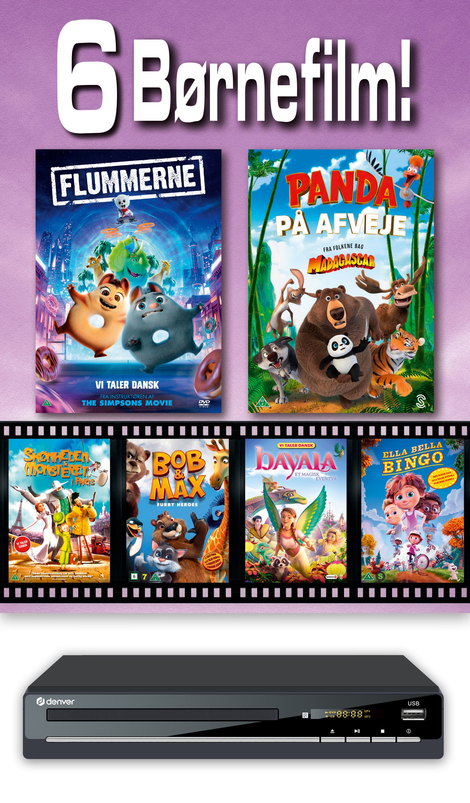 6 Børnefilm & Denver DVD maskine - (DVD)