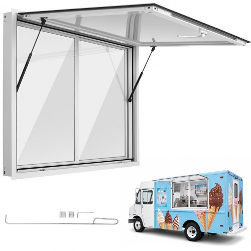 VEVOR Koncessionsfönster 1220x915mm Servicefönster i aluminiumlegering, för food truck, upp till 85 graders servering med 2 skjutbara akrylfönster, markisdörr och dragkrok, regnvattentålig