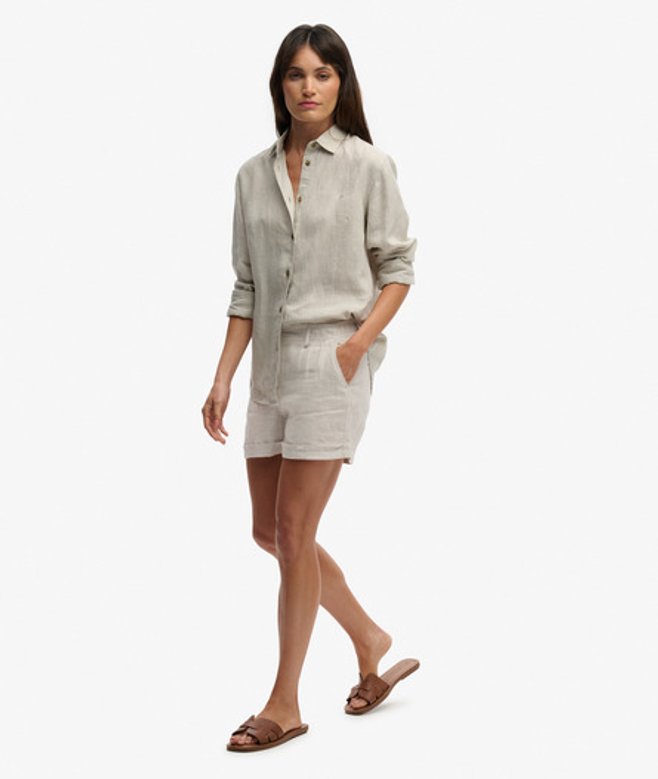 Superdry Damen Mittelhoch Geschnittene Leinenshorts Beige - Größe: 28