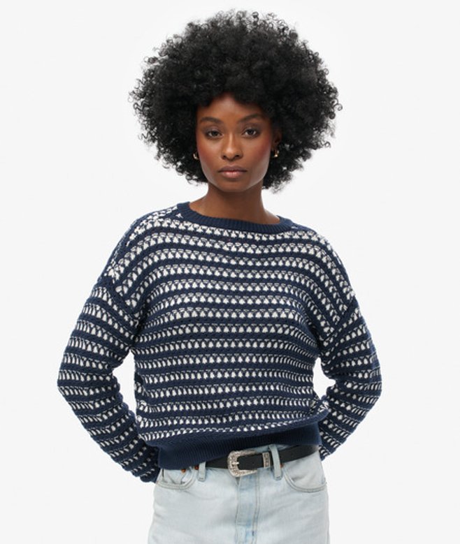 Superdry Damen Marineblau Gestreifter, Kurzer Häkelpullover mit Rundhalsausschnitt, Größe: 44