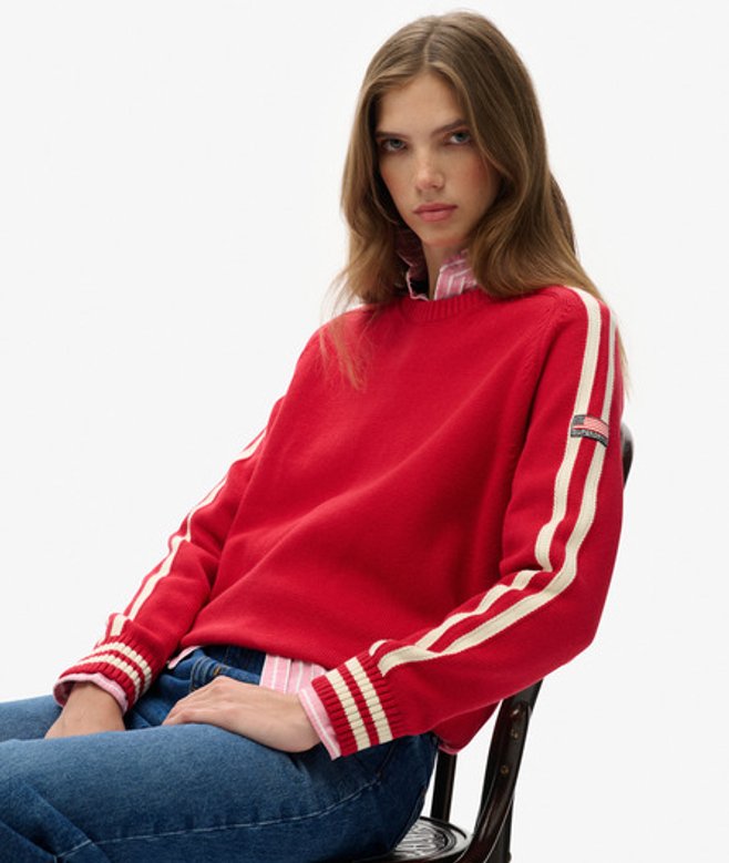 Superdry Damen Gestreifter Strickpullover mit Lockerer Passform Red - Größe: 44