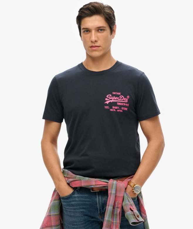 Superdry Herren Marineblau Neonfarbenes T-Shirt mit Vintage-Logo, Größe: S