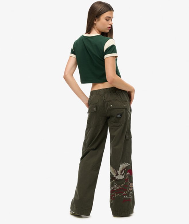 Superdry Damen Bestickte Cargohose mit Niedriger Leibhöhe Grün - Größe: 40