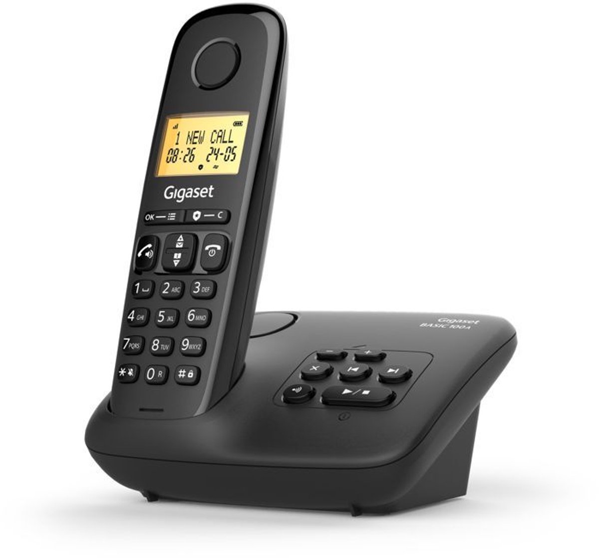 Festnetztelefon - GIGASET - Basic 100A - Anrufbeantworter - Freisprechfunktion - Beleuchtetes Display - Telefonbuch 50 Kontakte - Sperrliste - Schwarz