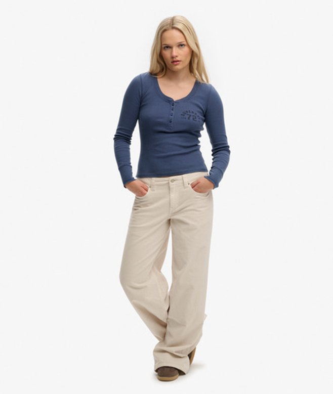 Superdry Damen Mid Waist Baggy Cordhose Cream - Größe: 26/30