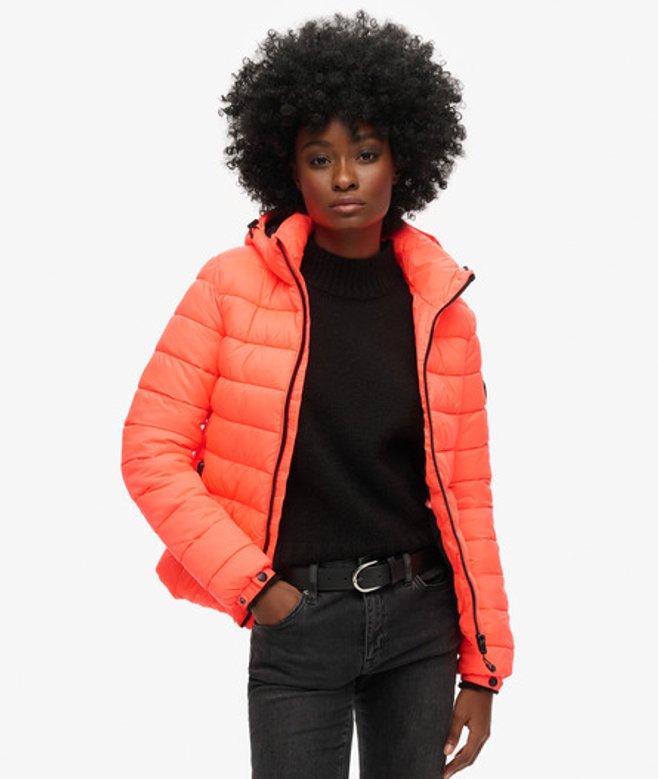 Superdry Damen Klassische Steppjacke mit Kapuze Koralle - Größe: 36