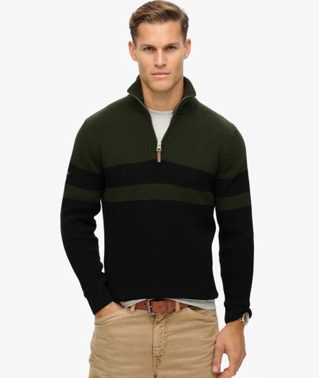 Superdry Herren Grün Klassischer Gestreifter Henley-Pullover aus Baumwolle, Größe: XXL
