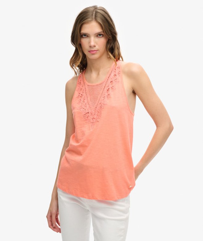 Superdry Damen Koralle Jersey-Tanktop mit Spitze, Größe: 42