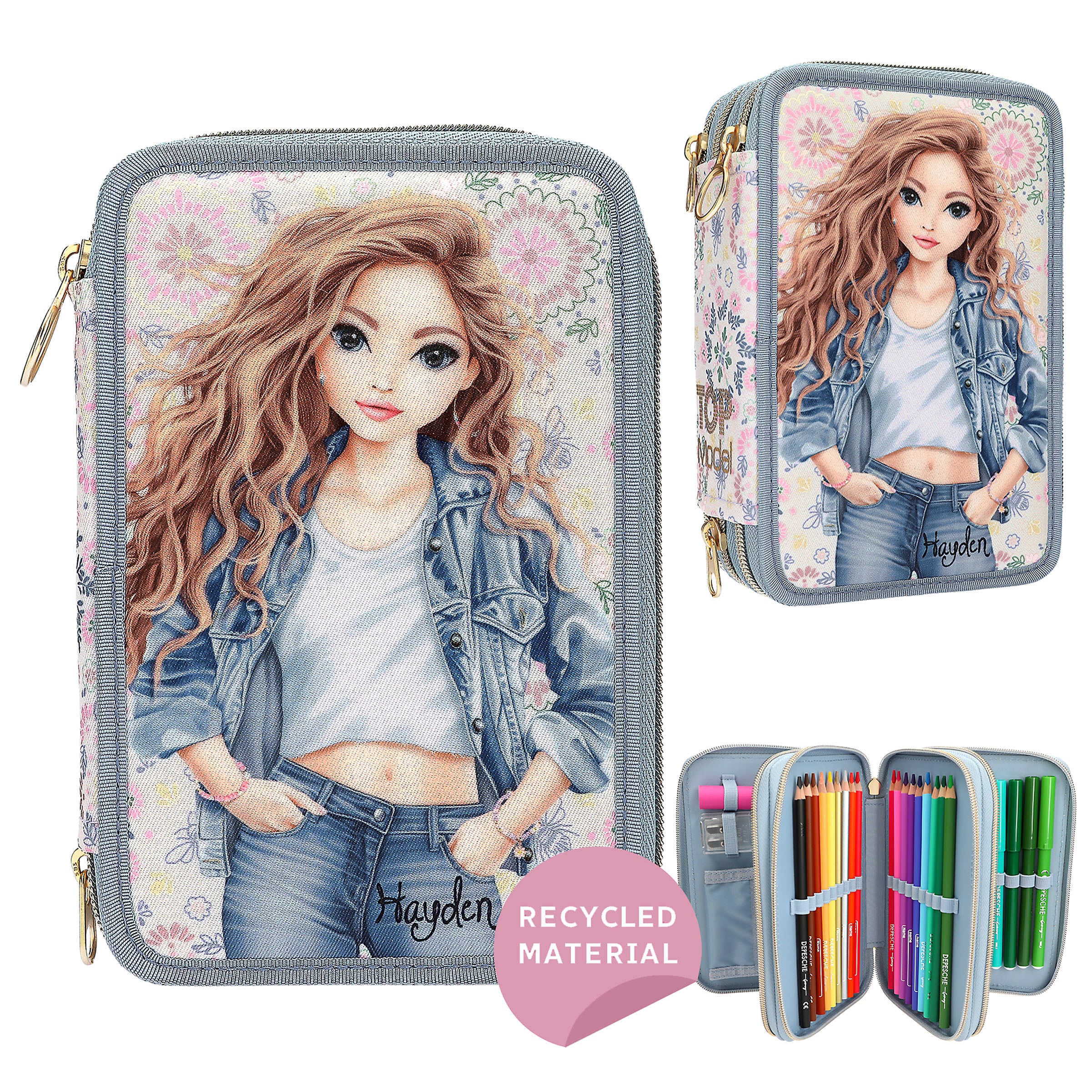 Topmodel - TOPModel Triple Pencil Case - FESTIVAL FUN - Cream, Light Blue