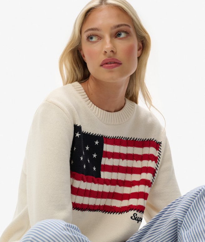 Superdry Damen Athletic Essentials Americana Flag Strickpullover Cream - Größe: 36