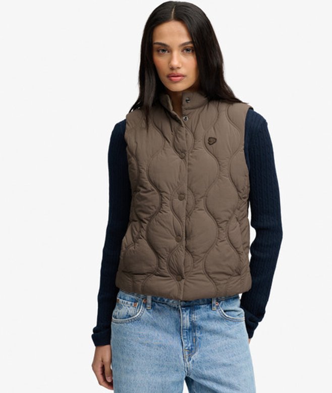 Superdry Damen Onion Quilt Crinkle Snap Weste Khaki - Größe: 38