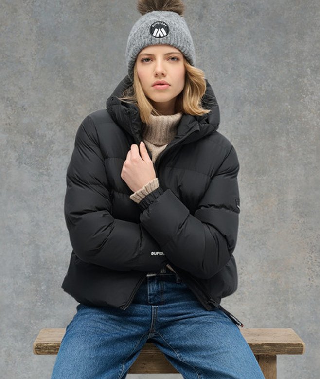 Superdry Damen Sports Steppjacke mit Kapuze Schwarz - Größe: 42