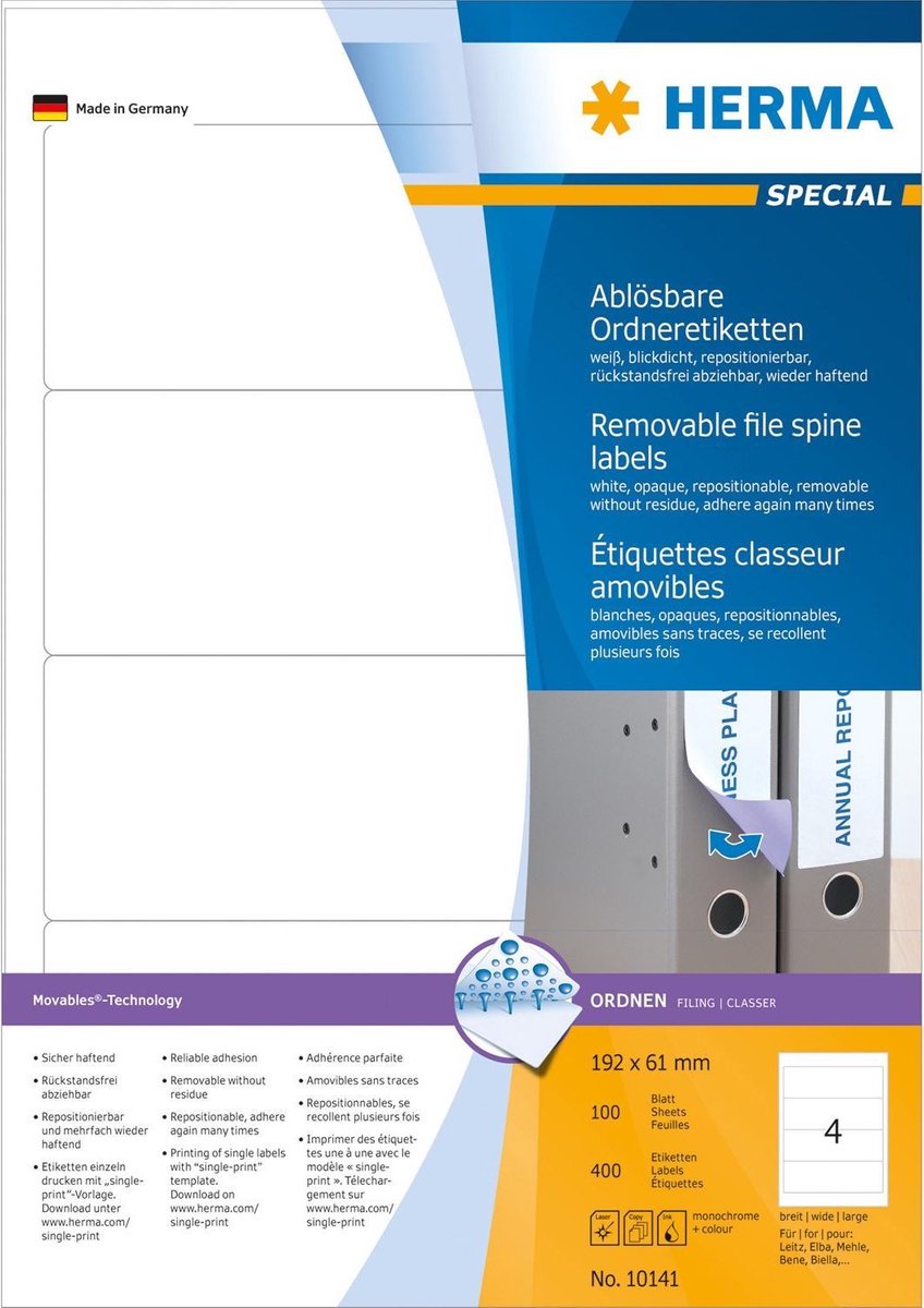 HERMA Ordneretiketten weiß Movables/ablösbar 192x61mm Special A4 VE=40