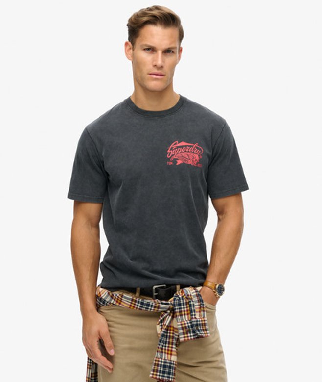 Superdry Herren Schwarz Lockeres T-Shirt Mit Biker Rock Grafikprint, Größe: L