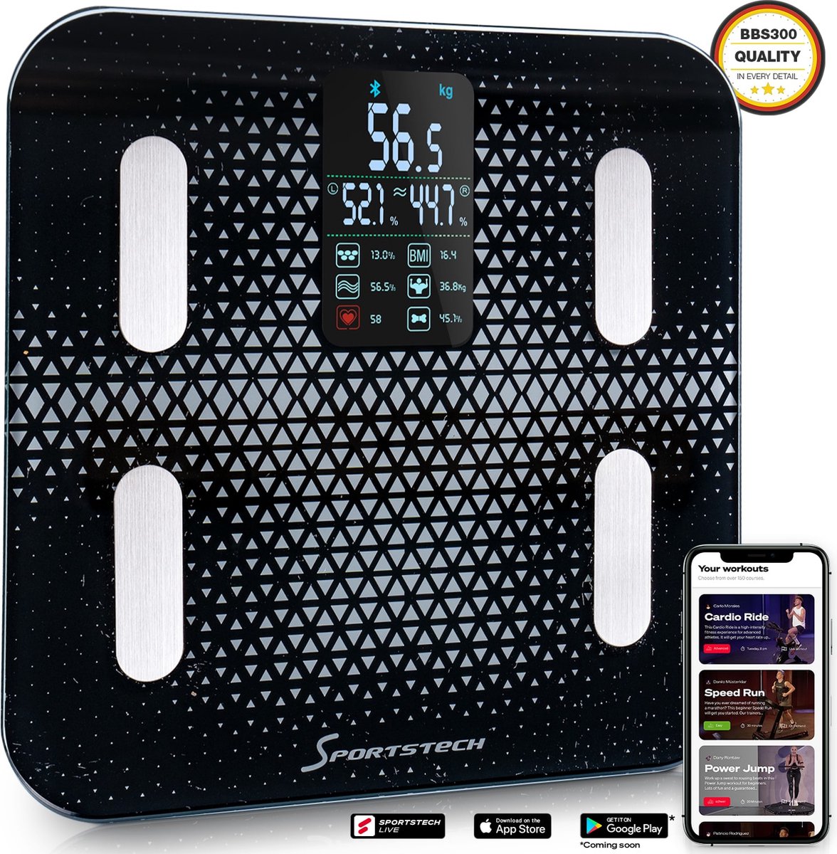 Sportstech Körperanalysewaage BBS300, 13 Körperwerte, 4 Präzisionssensoren, 4,9-Zoll-Farbdisplay, Bluetooth & Fitdays-App, bis 180 kg