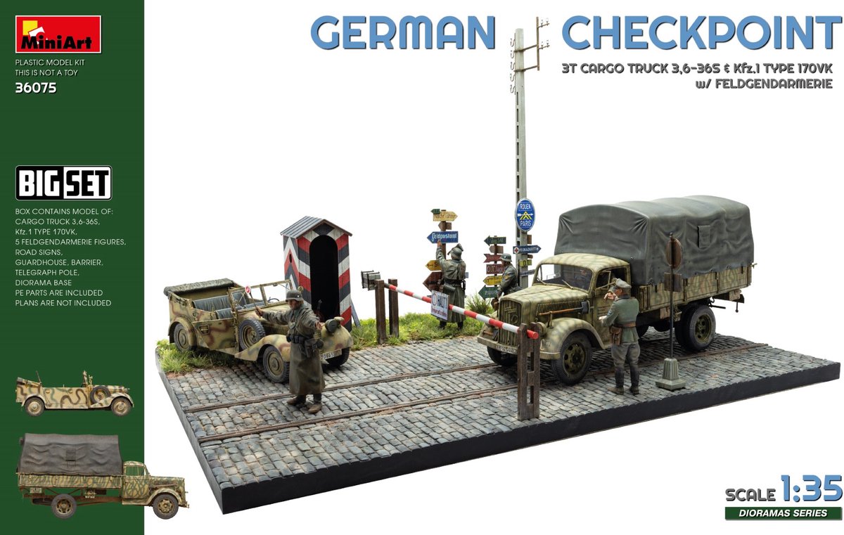 German Checkpoint. 3t Cargo Truck 3,6-36S & Kfz.1 Type 170VK w/ Feldgendarmerie - Big Set