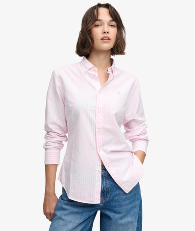 Superdry Damen Oxford Langarmhemd mit Schmaler Passform White - Größe: 34