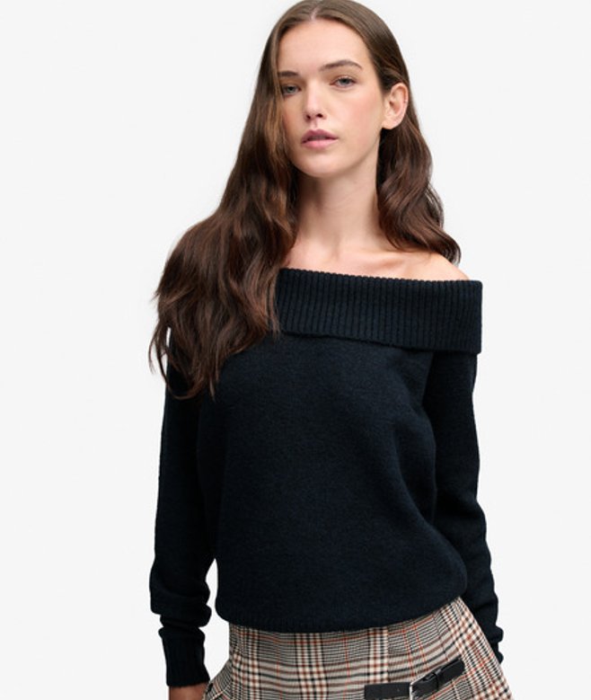 Superdry Damen Bardot Pullover mit Schmaler Passform Navy - Größe: 38
