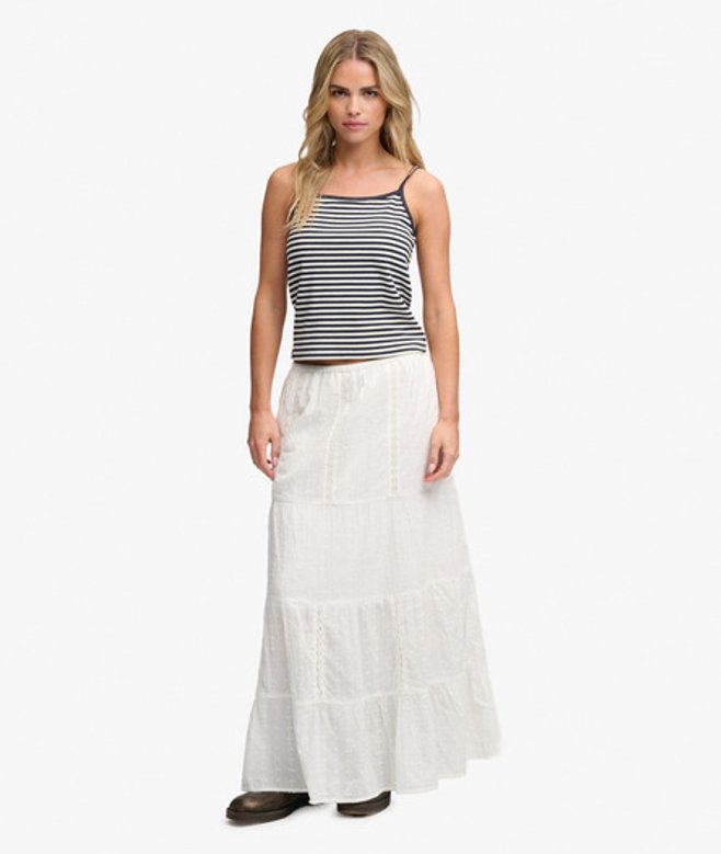 Superdry Damen Stufiger Maxirock White - Größe: 42