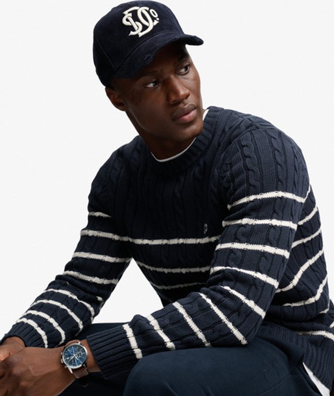 Superdry Herren Studios Baumwoll-zopfmusterpullover mit Streifen Navy - Größe: L