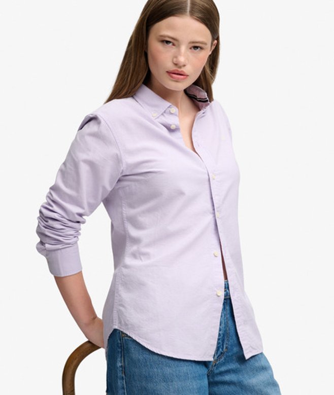 Superdry Damen Oxford Langarmhemd mit Schmaler Passform Purple - Größe: 44