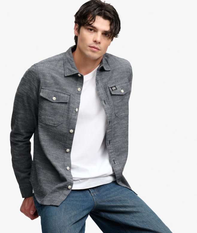 Superdry Herren Herringbone Workwear Hemd Lockere Passform Navy - Größe: M
