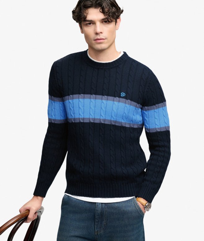 Superdry Herren Studios Baumwoll-zopfmusterpullover mit Streifen Navy - Größe: XL