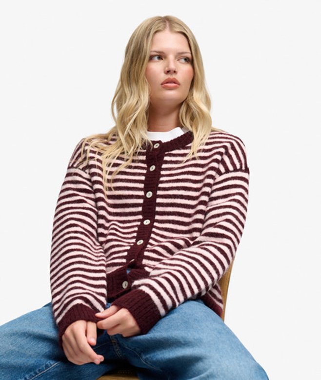Superdry Damen Gestreifter Strickjacke Lockere Passform Red - Größe: 36