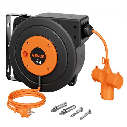 VEVOR Retractable Extension Cord Reel 20 M Heavy Duty 16AWG / 3C Orange, for Ceiling/Wall Mount, Overheat Protection, Automatic Retractable Power Cord, Lighted Triple Tap, with 180° Swivel Bracket
