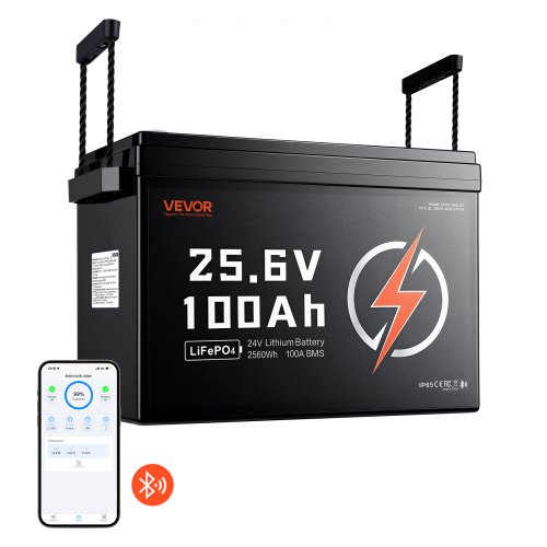 VEVOR 24V 100Ah LiFePO4 Lithium Battery 4000+ Cycles 100A BMS with Bluetooth, 2560Wh Lithium Battery with Low Temperature Protection, Supports 8P2S Connection, for RV, Trolling Motor, Marine, Solar