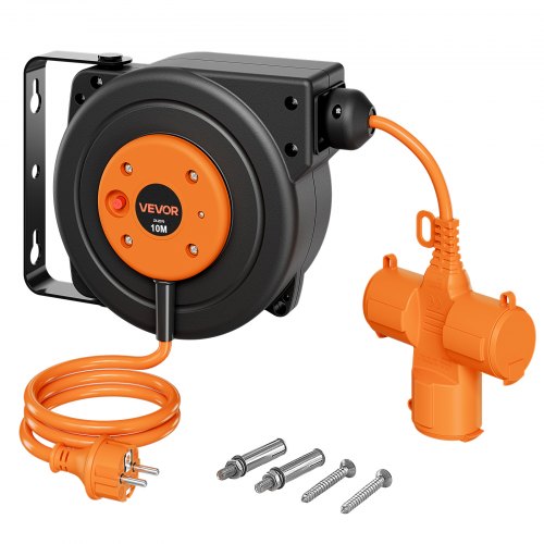 VEVOR Retractable Extension Cord Reel 10 M Heavy Duty 16AWG / 3C Orange, for Ceiling/Wall Mount, Overheat Protection, Automatic Retractable Power Cord, Lighted Triple Tap, with 180° Swivel Bracket