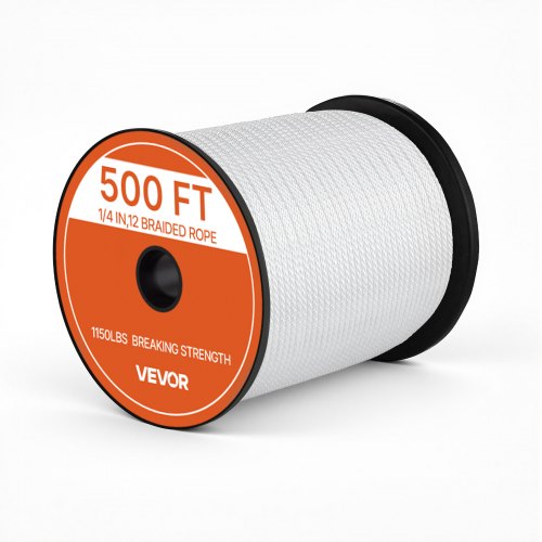 VEVOR Polyester Rope 6.4 mm x 152 m Solid Braid Marine Utility Rope White, for Outdoor Boat Docking, 522 kg Breaking Strength, Heavy Duty Low Stretch Sun-Resistant Industrial Cord, Smooth Surface