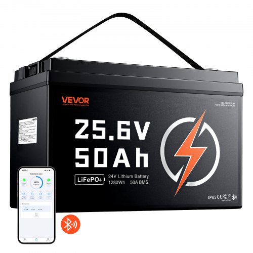 VEVOR 24V 50Ah LiFePO4 litiumbatteri 4000+ cykler 50A BMS med Bluetooth, 1280Wh litiumbatteri med lågtemperaturskydd, stöder 8P2S-anslutning, för husbil, trollingmotor, marin, solcell