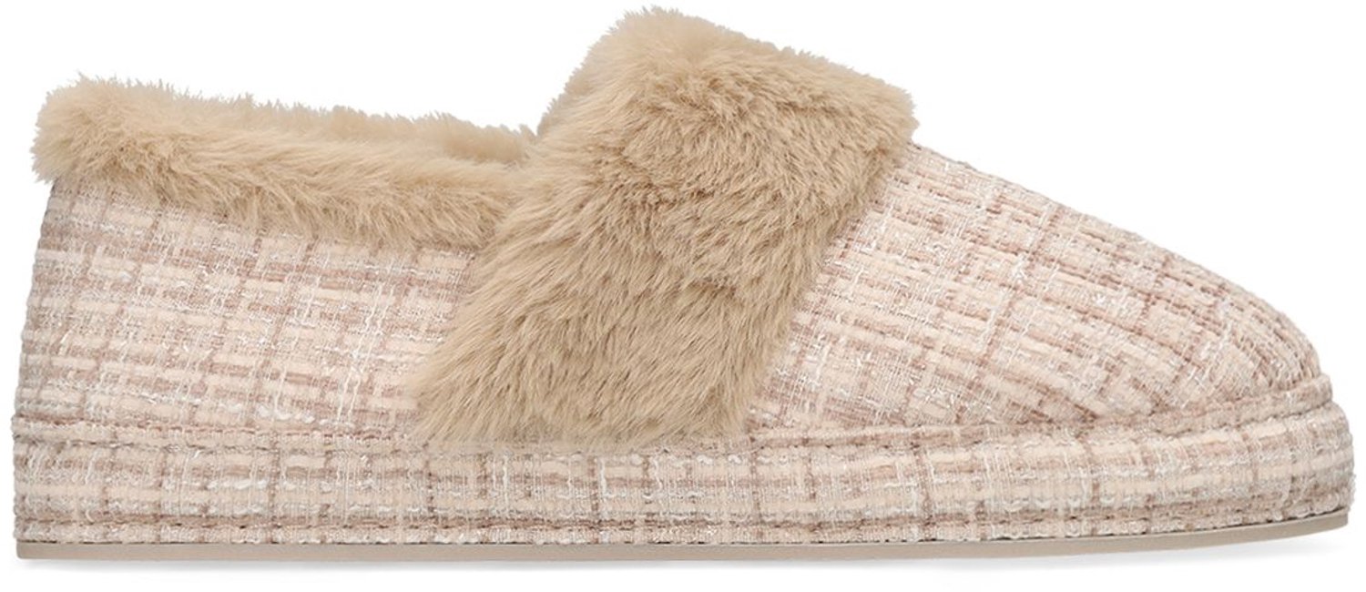 Beige karierte Pantoffeln mit Fellfutter