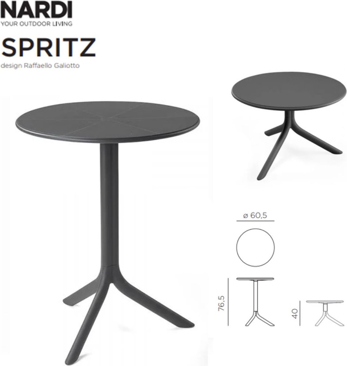 Nardi Spritz 3-beiniger Gartentisch - rund - Ø 60,5 cm - 2 Höhenoptionen - antracite