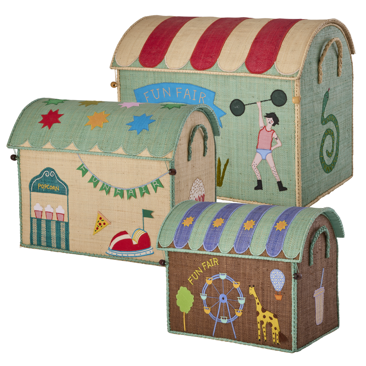 Rice - Raffia Toy Baskets with Fun Fair Theme - Blue - Set of 3,