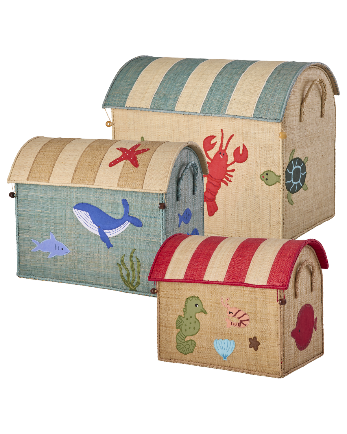 Rice - Raffia Toy Baskets with Ocean Theme - Set of 3