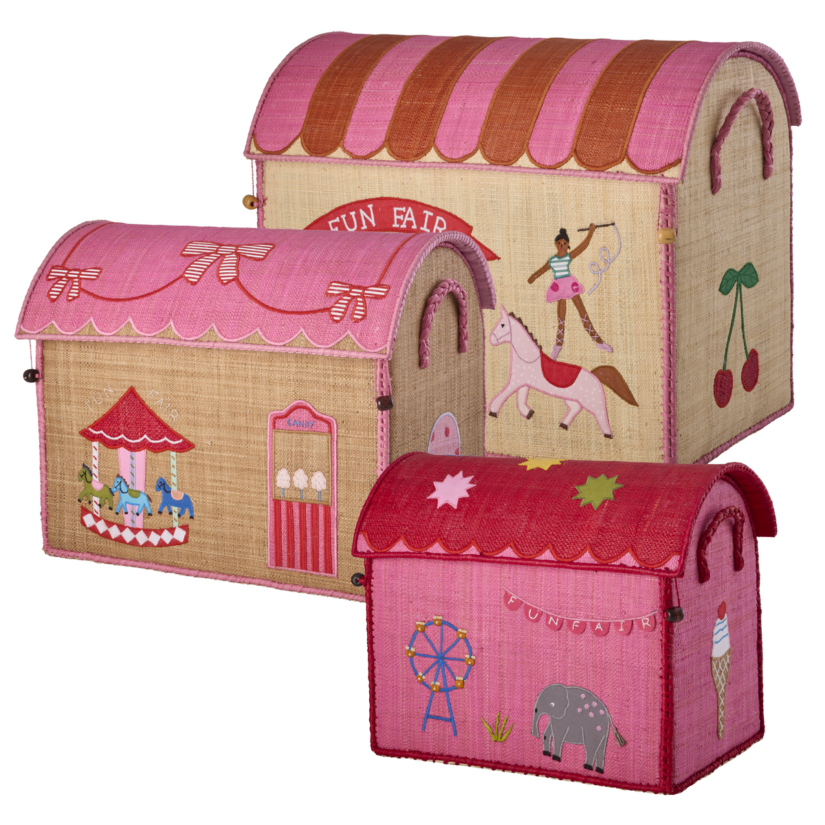 Rice - Raffia Toy Baskets with Fun Fair Theme - Pink - Set of 3