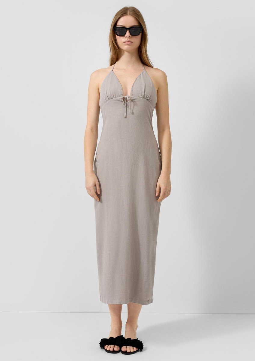Damen Leinen-Mix taillierte Robe mit Stehkragen QS