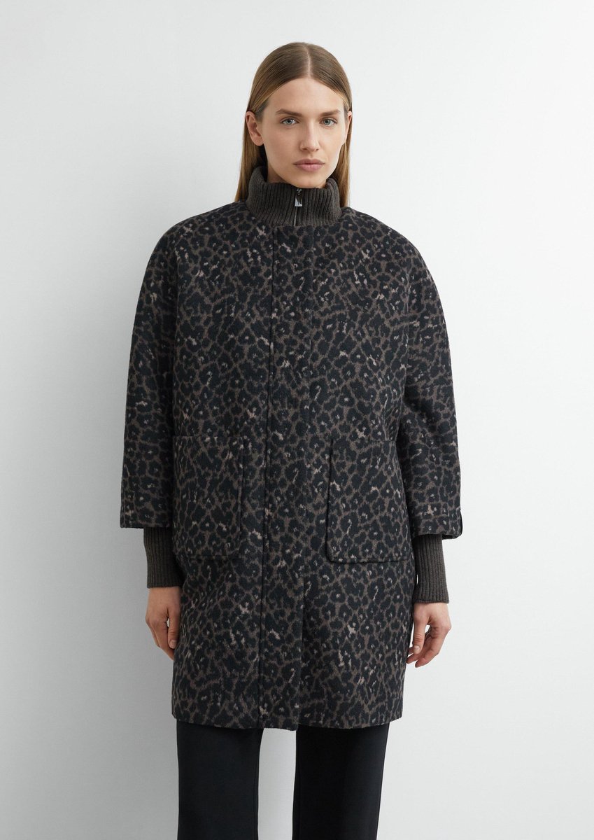 Damen Woll-Mischung Leopard-Muster Cape Mantel mit Strickkragen COMMA