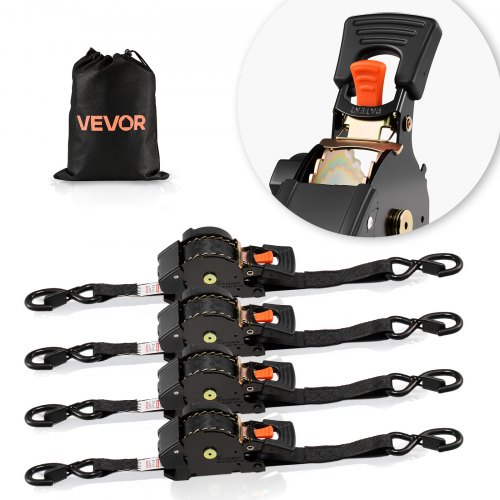 VEVOR Retractable Ratchet Straps, 25.4 mm x 4.9 m, Tie Down Straps with S Hooks, 700 kg Break Strength, Carry Bag, Tie Down Ratcheting for Moving, Trailers, Motorcycles, Kayaks, Car Roof, 4 Pack