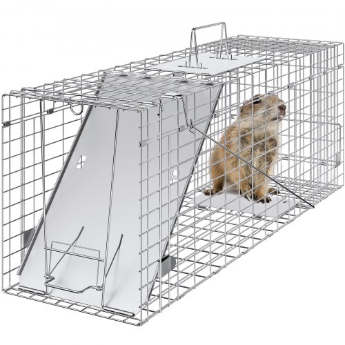 VEVOR Live Animal Cage Trap, 79 x 25 x 30.5 cm Humane Cat Trap Galvanized Iron, Folding Animal Trap with Handle for Rabbits, Stray Cats, Squirrels, Raccoons, Groundhogs and Opossums