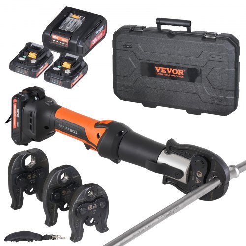 VEVOR Press Tool and Battery Kit, Press Tool, Electric Pipe Crimping Tool with M15, M22, M28 Jaws, Press Tool Kit with 2pcs 18V 2.0Ah Battery, Fast Charger, and Carrying Case