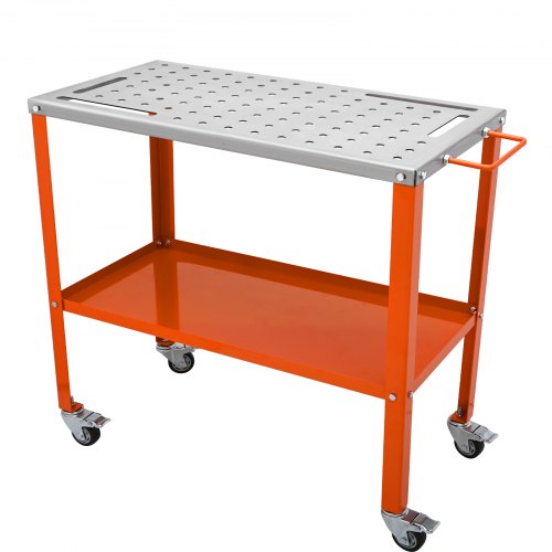 VEVOR Welding Table 91.4 cm x 45.7 cm, 544 kg Load Capacity Steel Welding Workbench Table on Wheels, 2 Layers Portable Work Bench with Braking Casters, 4 Tool Slots, 1.6 cm Fixture Holes